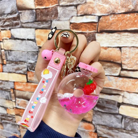 Strawberry donut Quicksand keychain colorful bubble beads eternal flower pendant liquid keychain