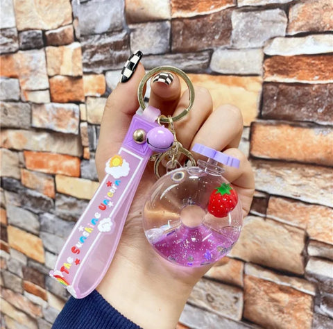 Strawberry donut Quicksand keychain colorful bubble beads eternal flower pendant liquid keychain