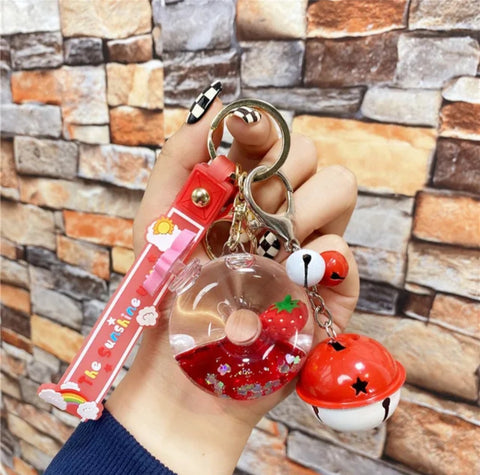 Strawberry donut Quicksand keychain colorful bubble beads eternal flower pendant liquid keychain