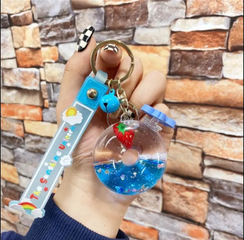 Strawberry donut Quicksand keychain colorful bubble beads eternal flower pendant liquid keychain