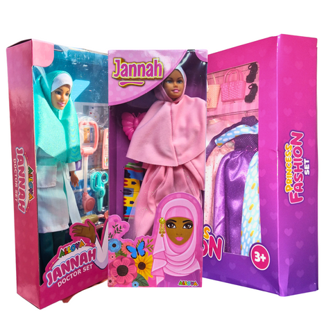 Ultimate Muslim Doll Playset Bundle -1 prayer set, 1 doctor set and 1 fashion set.