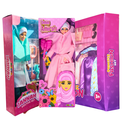 Ultimate Muslim Doll Playset Bundle -1 prayer set, 1 doctor set and 1 fashion set.